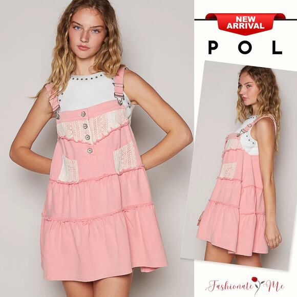 POL Lace Patchwork Detail Adjustable Shoulder Straps Denim Overall Dress | Pink - Picture 1 of 5
